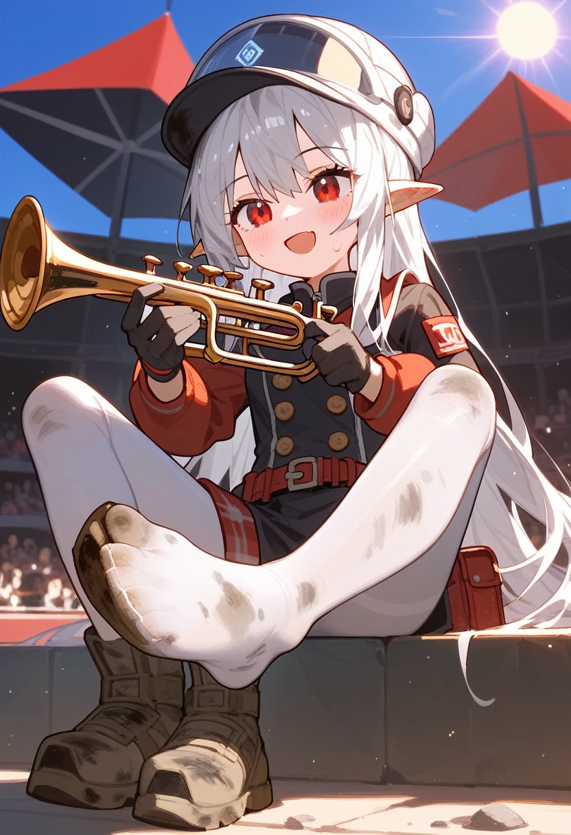 Fraction_9,Fraction_8_Direction_7_up,1 Girl,Mudstone (Ark of Tomorrow),dirty,foot,Gloves,White tights,helmet,trumpet,Sole,Red Eyes,赤foot,Pointed ears,breast,Solitary,Long hair,White hair,black Gloves,foot趾,cap,foot部焦点,Looking at the audience,sit,Sweat,Open your mouth,dirty foot,Keep,outdoor,sky空,Bangs,Oral disease damage (Ark of Tomorrow),sky,Smile,blush,demon trumpet,Infection monitors (Ark of Tomorrow),shorten,sun,