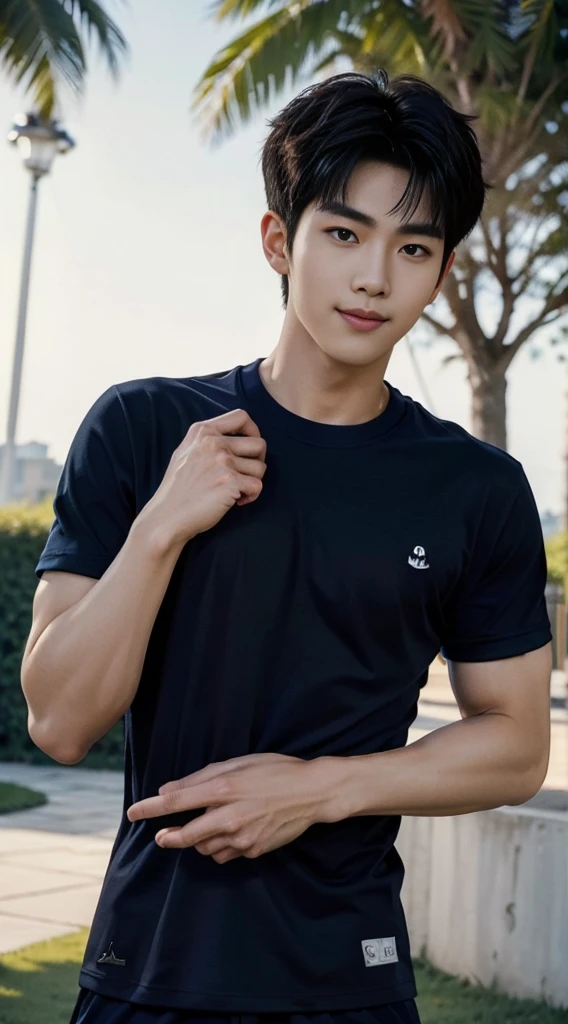 (As a matter of fact, Masterpiece, 8k HD, good light quality, sportswear, fit the face, complicated details), A handsome and muscular young Korean man., He has short, muscular hair in a buzzcut style.  ,(Broad shoulders:1.3), 20 years old, be happy, smile brightly, detailed face, delicate eyes, มองดูsky, (Wear a navy tight T-shirt.:1.6), period, black eyes, Black hair color, ผมsmooth, smooth, outdoor sports, Along the garden, Sunny,sky，Surreal，Awesome details，Highest quality，real，(As a matter of fact, Masterpiece, 8k HD, good light quality, sportswear, fit the face, complicated details), A handsome and muscular young Korean man. มีกล้าม ,(Broad shoulders:1.3), 20 years old, be happy, smile brightly, detailed face, delicate eyes, มองดูsky, (Wear a navy tight T-shirt.:1.6), period, black eyes, Black hair color, ผมsmooth, smooth, outdoor sports, Along the garden, Sunny,sky，Surreal，Awesome details，Highest quality，real