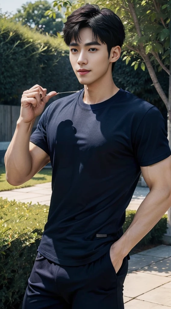 (As a matter of fact, Masterpiece, 8k HD, good light quality, sportswear, fit the face, complicated details), A handsome and muscular young Korean man., He has short, muscular hair in a buzzcut style. ,(Broad shoulders:1.3), 20 years old, be happy, smile brightly, detailed face, delicate eyes, มองดูsky, (Wear a navy tight T-shirt.:1.6), period, black eyes, Black hair color, ผมsmooth, smooth, outdoor sports, Along the garden, Sunny,sky,Surreal,Awesome details,Highest quality,real,(As a matter of fact, Masterpiece, 8k HD, good light quality, sportswear, fit the face, complicated details), A handsome and muscular young Korean man. มีกล้าม ,(Broad shoulders:1.3), 20 years old, be happy, smile brightly, detailed face, delicate eyes, มองดูsky, (Wear a navy tight T-shirt.:1.6), period, black eyes, Black hair color, ผมsmooth, smooth, outdoor sports, Along the garden, Sunny,sky,Surreal,Awesome details,Highest quality,real