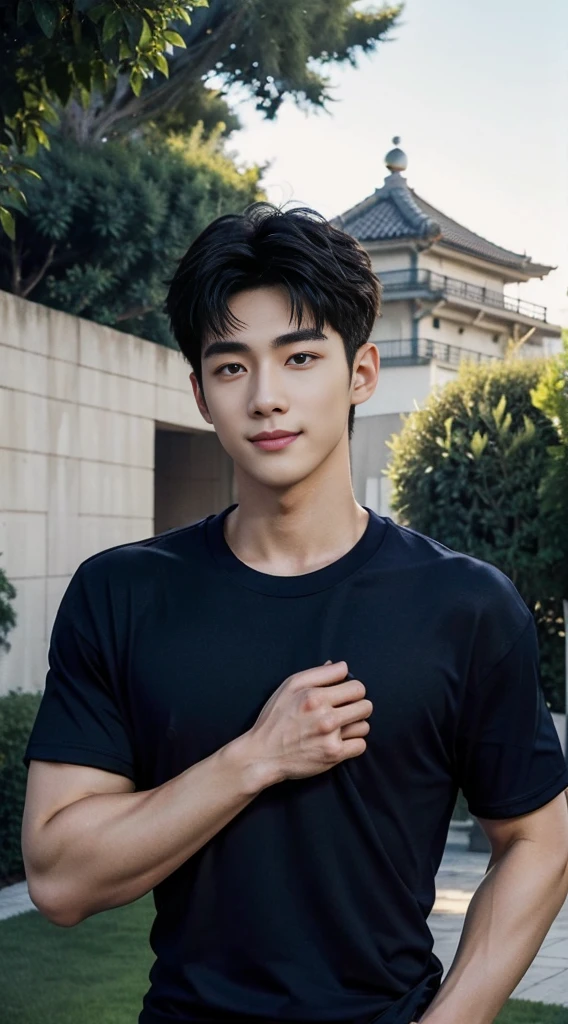 (As a matter of fact, Masterpiece, 8k HD, good light quality, sportswear, fit the face, complicated details), A handsome and muscular young Korean man., He has short, muscular hair in a buzzcut style.  ,(Broad shoulders:1.3), 20 years old, be happy, smile brightly, detailed face, delicate eyes, มองดูsky, (Wear a navy tight T-shirt.:1.6), period, black eyes, Black hair color, ผมsmooth, smooth, outdoor sports, Along the garden, Sunny,sky，Surreal，Awesome details，Highest quality，real，(As a matter of fact, Masterpiece, 8k HD, good light quality, sportswear, fit the face, complicated details), A handsome and muscular young Korean man. มีกล้าม ,(Broad shoulders:1.3), 20 years old, be happy, smile brightly, detailed face, delicate eyes, มองดูsky, (Wear a navy tight T-shirt.:1.6), period, black eyes, Black hair color, ผมsmooth, smooth, outdoor sports, Along the garden, Sunny,sky，Surreal，Awesome details，Highest quality，real