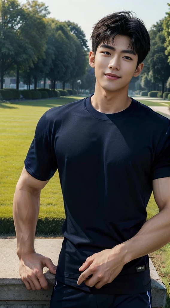 (As a matter of fact, Masterpiece, 8k HD, good light quality, sportswear, fit the face, complicated details), A handsome and muscular young Korean man., He has short, muscular hair in a buzzcut style.  ,(Broad shoulders:1.3), 20 years old, be happy, smile brightly, detailed face, delicate eyes, มองดูsky, (Wear a navy tight T-shirt.:1.6), period, black eyes, Black hair color, ผมsmooth, smooth, outdoor sports, Along the garden, Sunny,sky，Surreal，Awesome details，Highest quality，real，(As a matter of fact, Masterpiece, 8k HD, good light quality, sportswear, fit the face, complicated details), A handsome and muscular young Korean man. มีกล้าม ,(Broad shoulders:1.3), 20 years old, be happy, smile brightly, detailed face, delicate eyes, มองดูsky, (Wear a navy tight T-shirt.:1.6), period, black eyes, Black hair color, ผมsmooth, smooth, outdoor sports, Along the garden, Sunny,sky，Surreal，Awesome details，Highest quality，real