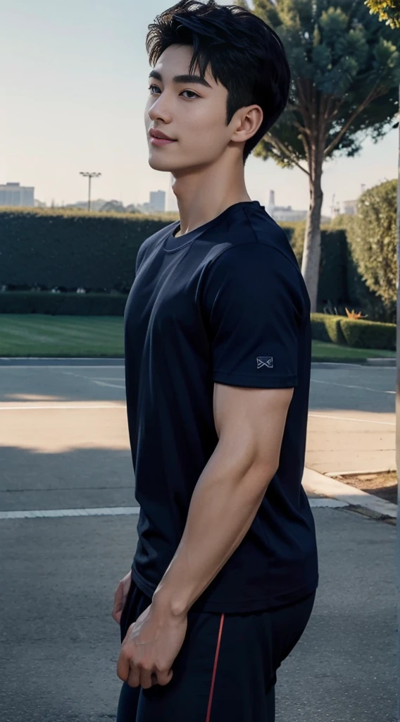 (As a matter of fact, Masterpiece, 8k HD, good light quality, sportswear, fit the face, complicated details), A handsome and muscular young Korean man., He has short, muscular hair in a buzzcut style. ,(Broad shoulders:1.3), 20 years old, be happy, smile brightly, detailed face, delicate eyes, มองดูsky, (Wear a navy tight T-shirt.:1.6), period, black eyes, Black hair color, ผมsmooth, smooth, outdoor sports, Along the garden, Sunny,sky,Surreal,Awesome details,Highest quality,real,(As a matter of fact, Masterpiece, 8k HD, good light quality, sportswear, fit the face, complicated details), A handsome and muscular young Korean man. มีกล้าม ,(Broad shoulders:1.3), 20 years old, be happy, smile brightly, detailed face, delicate eyes, มองดูsky, (Wear a navy tight T-shirt.:1.6), period, black eyes, Black hair color, ผมsmooth, smooth, outdoor sports, Along the garden, Sunny,sky,Surreal,Awesome details,Highest quality,real