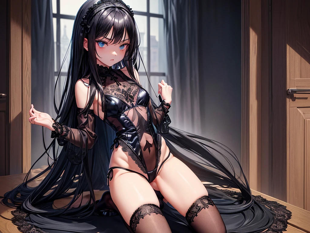 (depcit little young girl), (((black lace panties and elegant black leotard))), ((transparent)), dark hair, long hair, straight hair, blue eyes, thin , small breasts, nice hips, open shoulders, (((sassy))), kneeling