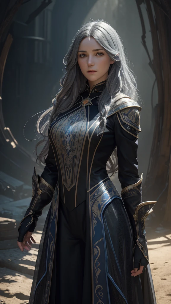 Surrealistic Female Character Art by David Hockney and Alphonse Mucha, Fantasy art, Realistic art, Dynamic Lighting, Art Station, Volumetric lighting, Highly detailed face, 8k yen,Full HD, Award-winning,, One girl, In the Dark, Deep Shadow, Modest, Cowboy Shot, (Official Costume: 1.4), Long Hair, Gray Hair, dyeing hair with black light