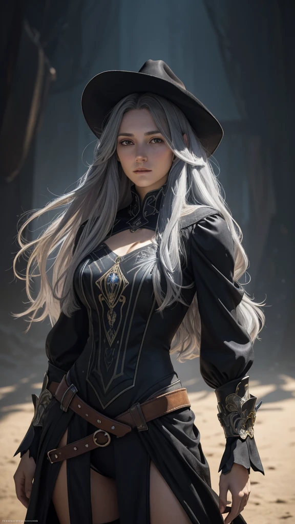 Surrealistic Female Character Art by David Hockney and Alphonse Mucha, Fantasy art, Realistic art, Dynamic Lighting, Art Station, Volumetric lighting, Highly detailed face, 8k yen,Full HD, Award-winning,, One girl, In the Dark, Deep Shadow, Modest, Cowboy Shot, (Official Costume: 1.4), Long Hair, Gray Hair, dyeing hair with black light
