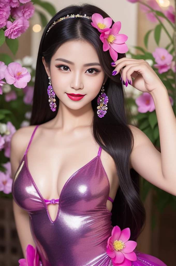 sexy Thai model who controls poison、beautiful smile、lip-gloss、bold lipstick、intense makeup、look at the camera、full body Esbian、、sparkling poisoned flower costume、、、、sparkling Colorful hair、secrete poison、skull hair accessories、sexy tights、shiny sparkling flowers background