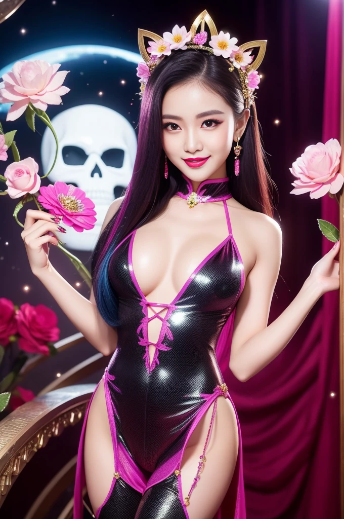 sexy Thai model who controls poison、beautiful smile、lip-gloss、bold lipstick、intense makeup、look at the camera、full body Esbian、、sparkling poisoned flower costume、、、、sparkling Colorful hair、secrete poison、skull hair accessories、sexy tights、shiny sparkling flowers background