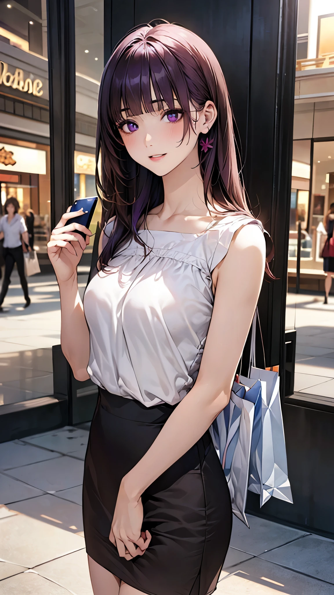 (masterpiece:1.2, top-quality), (realistic, photorealistic:1.4), beautiful illustration, (natural side lighting, movie lighting), nsfw, 
looking at viewer, 1 girl, japanese, high school girl, perfect face, cute and symmetrical face, shiny skin, 
(long hair:1.2, half updo:1.5, sideburns:1.8, burnt umber hair), asymmetrical bangs, purple eyes, drooping eyes, big eyes, long eye lasher, (medium breasts, thin thighs), slender, 
beautiful detailed hair, beautiful detailed face, beautiful detailed eyes, beautiful clavicle, beautiful body, beautiful chest, beautiful thigh, beautiful legs, beautiful fingers, 
(long length purple blouson, white knit camisole, dark brown skater skirt, belt), black thigh-highs, skin dendation, 
(beautiful scenery), evening, (outside convenience store), standing, (lovely smile, upper eyes, parted lips), 