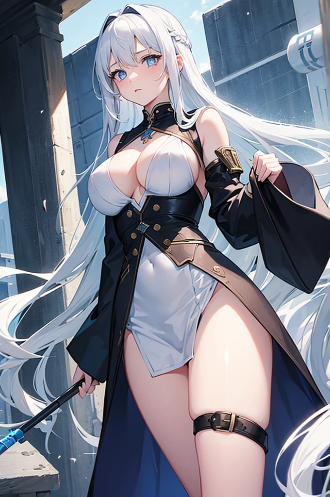 A girl,White long hair,Dissemination,Blue pupils,Big breasts,,Humanity,A bit dull,A bit shy