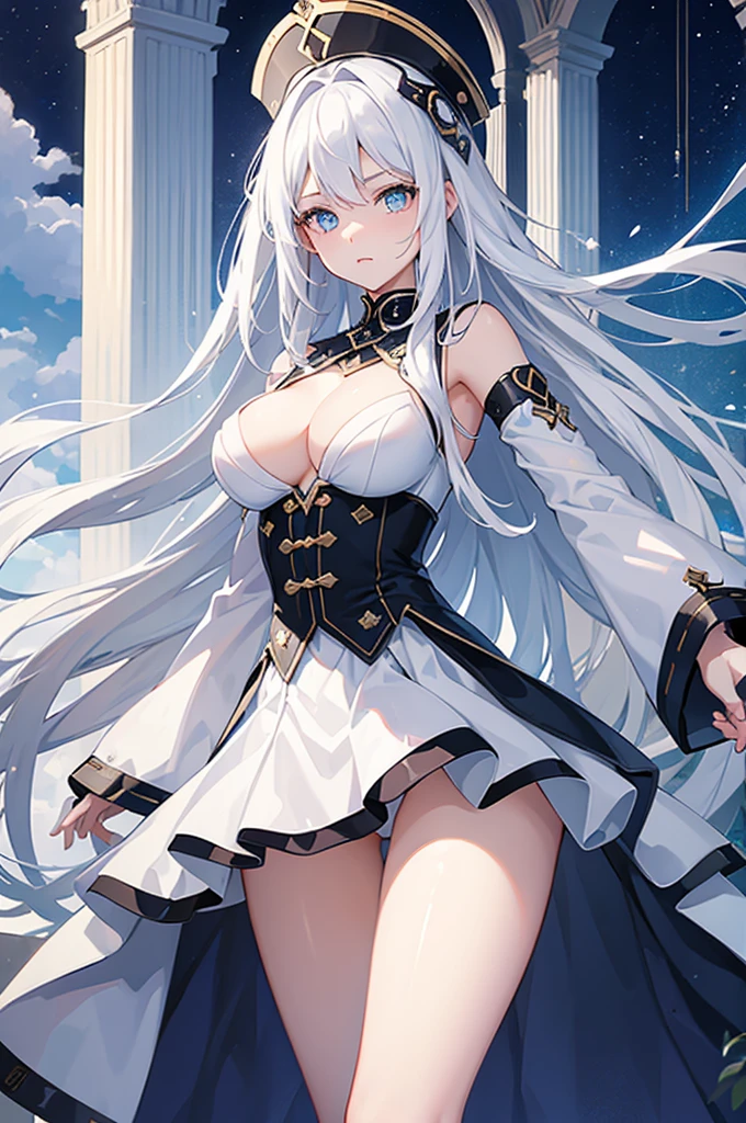 A girl,White long hair,Dissemination,Blue pupils,Big breasts,,Humanity,A bit dull,A bit shy
