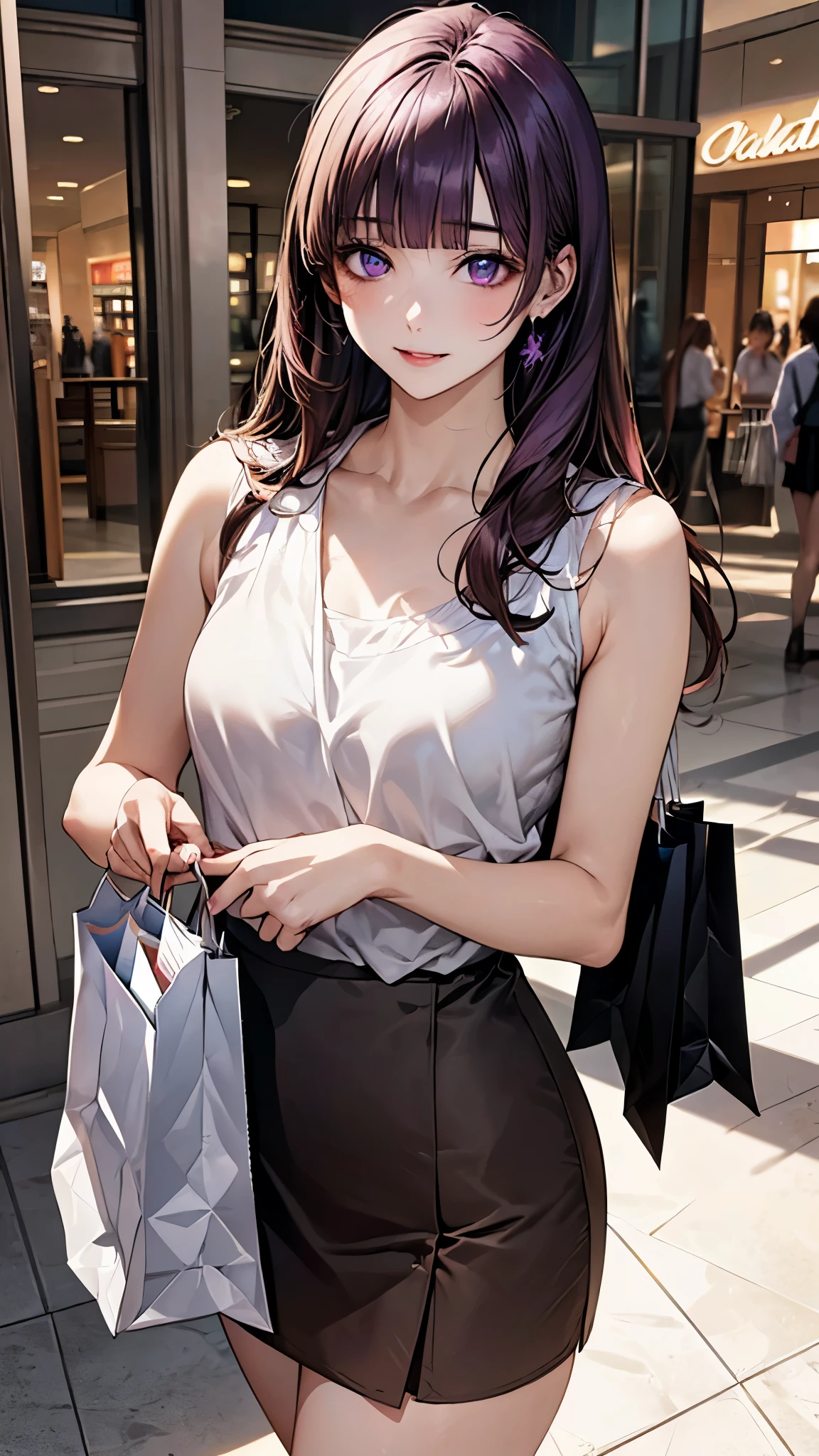 (masterpiece:1.2, top-quality), (realistic, photorealistic:1.4), beautiful illustration, (natural side lighting, movie lighting), nsfw,
looking at viewer, (face focus, upper body), 1 girl, high school girl, (perfect anatomy, anatomically correct, super detailed skin), cute and symmetrical face, perfect face, perfect eyes,
(long hair:1.4, hime style, hime cut, purple hair), blunt bangs, purple eyes, big eyes, long eye lasher, (medium breasts, seductive thighs), slender, face, shiny skin,
beautiful detailed hair, beautiful detailed face, beautiful detailed eyes, beautiful clavicle, beautiful body, beautiful chest, beautiful thigh, beautiful legs, beautiful fingers,
(sleeveless white blouse, rose brown tight skirt, white neck ribbon, white high heels with straps), beige handbag,
(beautiful scenery), evening, (shopping mall:1.5), standing, holding phone, appointment, (lovely smile, upper eyes, parted lips),