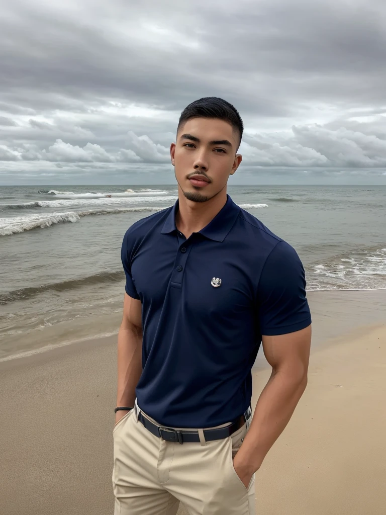 Tony Labrusca, Young man in a navy blue polo shirt Standing by the sea with an expression, looking into the distance Turn your head slightly.，Cloudy day, Backpack