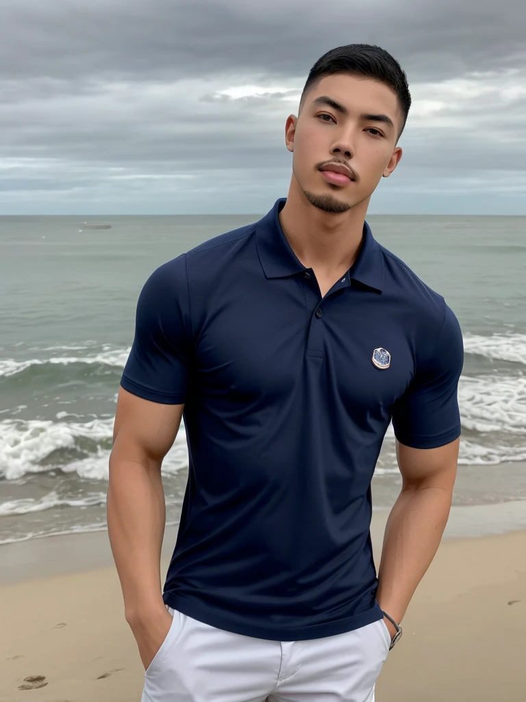 Tony Labrusca, Young man in a navy blue polo shirt Standing by the sea with an expression, looking into the distance Turn your head slightly.,Cloudy day, Backpack