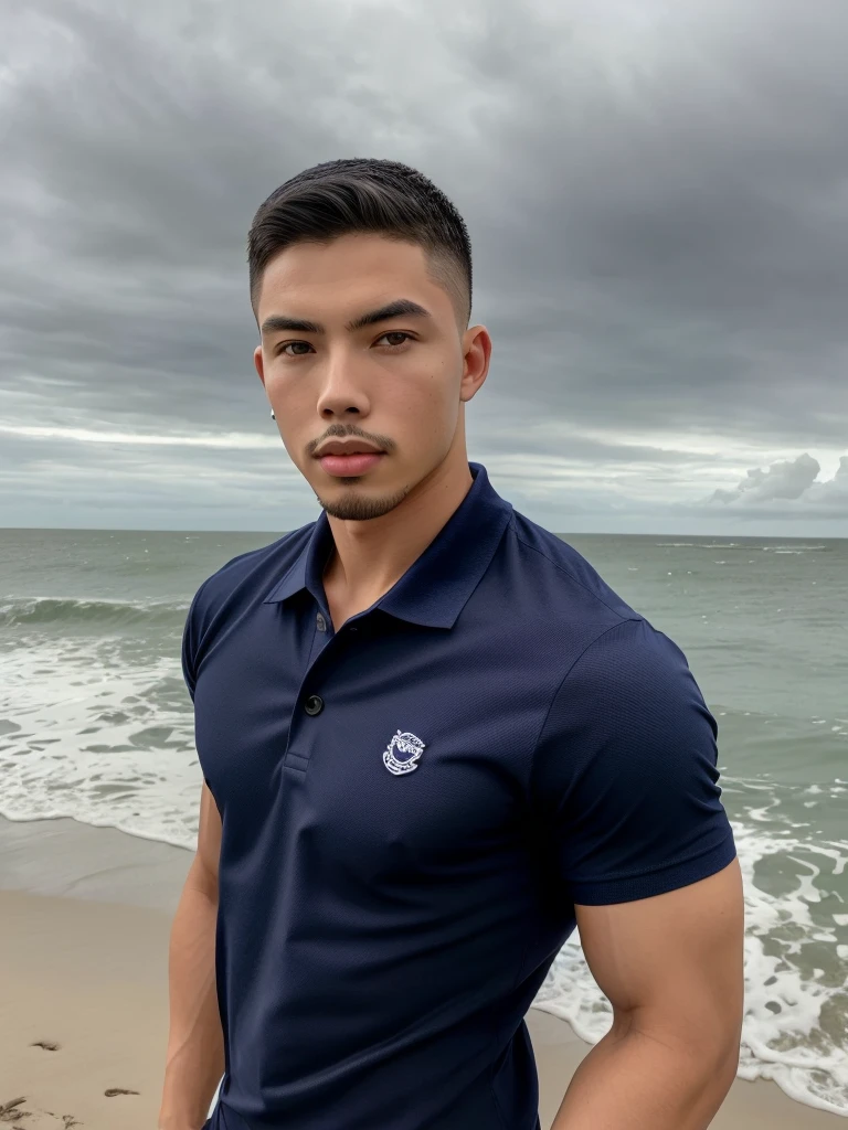 Tony Labrusca, Young man in a navy blue polo shirt Standing by the sea with an expression, looking into the distance Turn your head slightly.，Cloudy day, Backpack