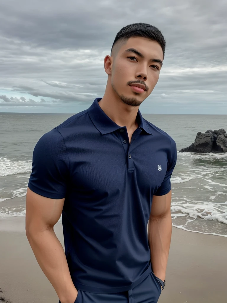 Tony Labrusca, Young man in a navy blue polo shirt Standing by the sea with an expression, looking into the distance Turn your head slightly.，Cloudy day, Backpack