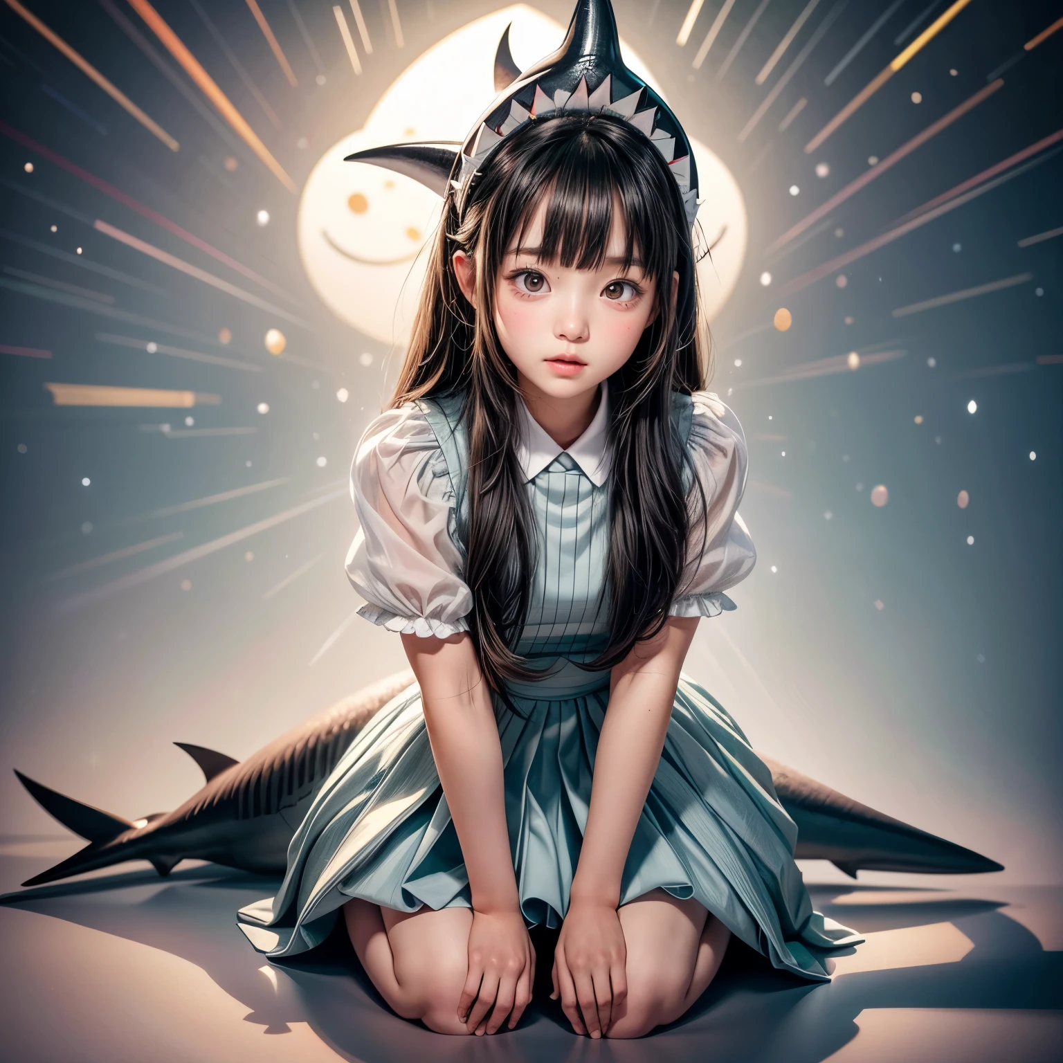 ((( stuffed full body Shark on Head))), 8k, High-level, absurd, masterpiece, best quality, primitive, very detailed CG, very detailed wallpaper, perfect lighting, Extremely detailed ((( personifying " Shark " as a ))), MysticSight, Tyndall effect, Tyndall scattering, (Studio gray background with (Overflowing oodles Dazzling RainbowColorParticles (BokeH))), (RoundlyButts, ThighGap), (Exposed:0.4), (Assfocus with looking ahead) BREAK (Acutance:0.88), (NOGIZAKA face variations) Extremely Detailed very KAWAII face variations, perfect anatomy, Childish, CaptivatingGaze ElaboratePupils detailed Eyes with (sparkling highlights:1.28), (Voluminous LongEyelashes:0.88)、GlossyRED Lips with beautiful details, RosyCheeks, Radiant PearlSkin with Transparency . { (Dynamic LifeLike expressions:1.4) | (:d) }, (large eyes:-1) . ((no animal ears))