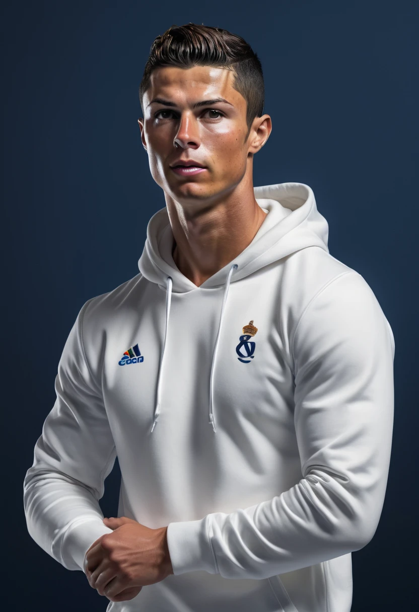 Cristiano Ronaldo, in white hoodie. Dark blue background. inspired by Eva Gonzalez, best quality, masterpiece, Ultra high detail, 8k