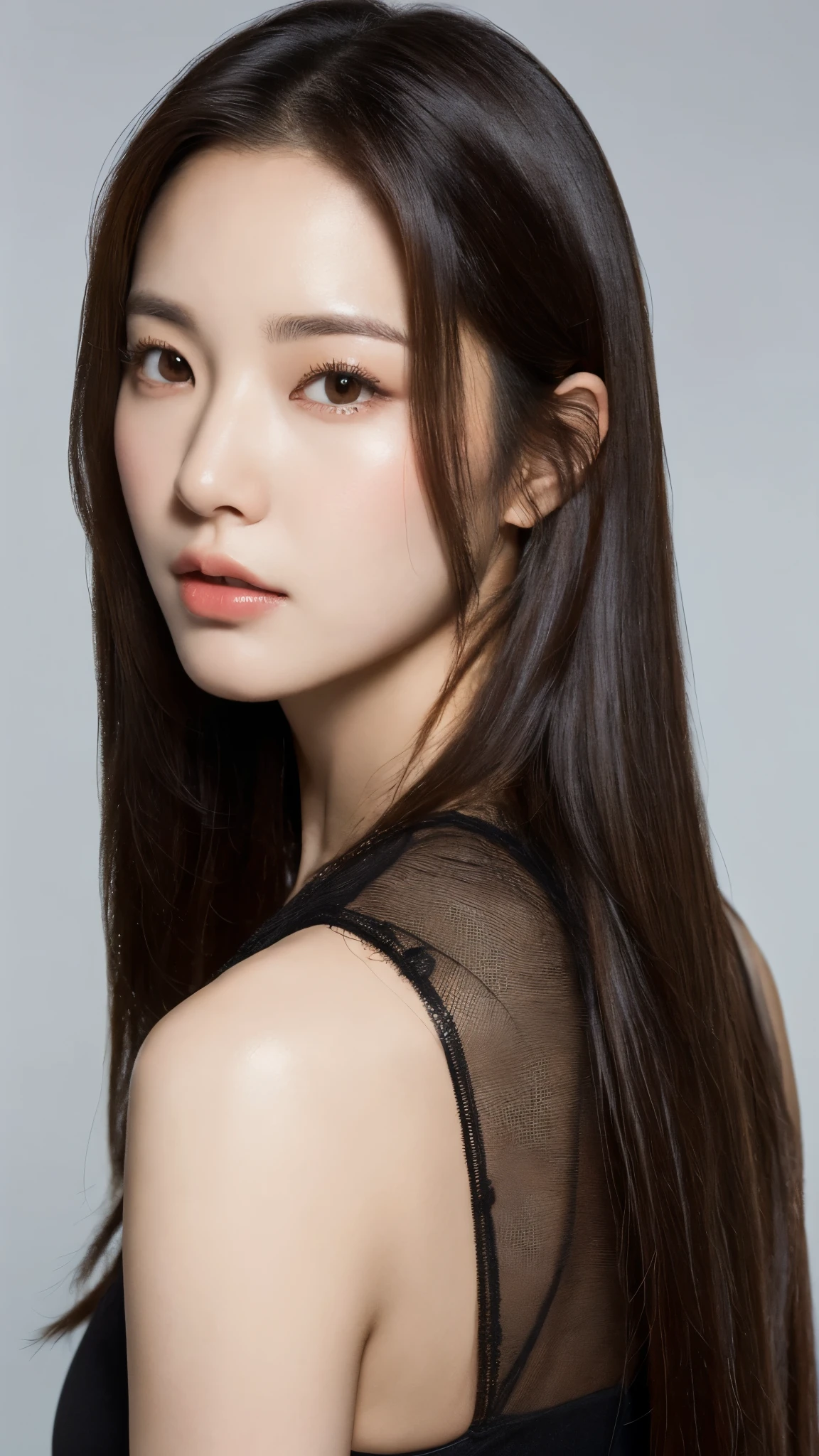 (lifelike, high resolution:1.3), 1 Korean girl with a slender body,Yoo Na Kim, fine face and eyes,long straight hair, full lips, long eyelashes, front view