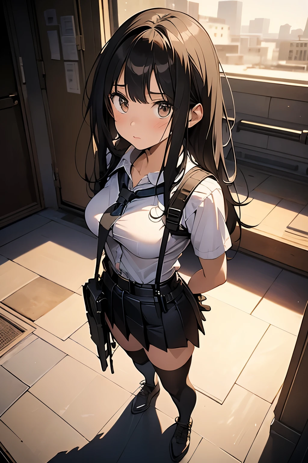 high quality, masterpiece, Ultra-high resolution, (realism: 1.4), Oil painting style, Cinema Lighting, , I stood on the empty asphalt road and looked at it., And the suspenders with the cranes flying Large Breasts Small face holster Lying in bed Looking up Sweat belt summer 脇Sweat Black Hole Gloves suit mini skirt garterbelt Leg Links ズボンにbelt holster Hands behind your back Anxious expression Looking up Anxious face Knee-high Knee socks Knee-highソックス garterbelt garter