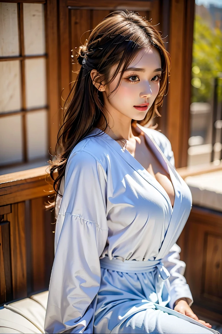 Great style、hairstyle semi long、20Generation of women、Big Breasts、valley、bed、Bathrobes