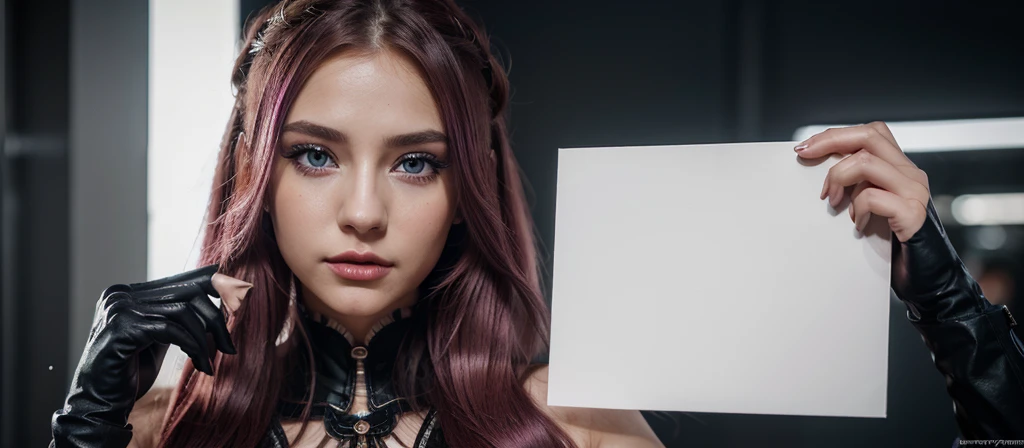 8k, realistic, ultra quality, beatiful girl, Stern anime girl, no background, (Highest Quality, Amazing Details:1.25), cinematic lighting, unique, whole body in picture, black gloves, high-quality, very long hair, hair intakes, makeup, lipstick, eyelashes, ultra detailed eyes, ultra detailed face, ultra detailed lips, ultra detailed lipstick, ultra detailed makeup, 18 years girl, blue eyes, pink hair, masterpiece, 8k, holding a blank paper