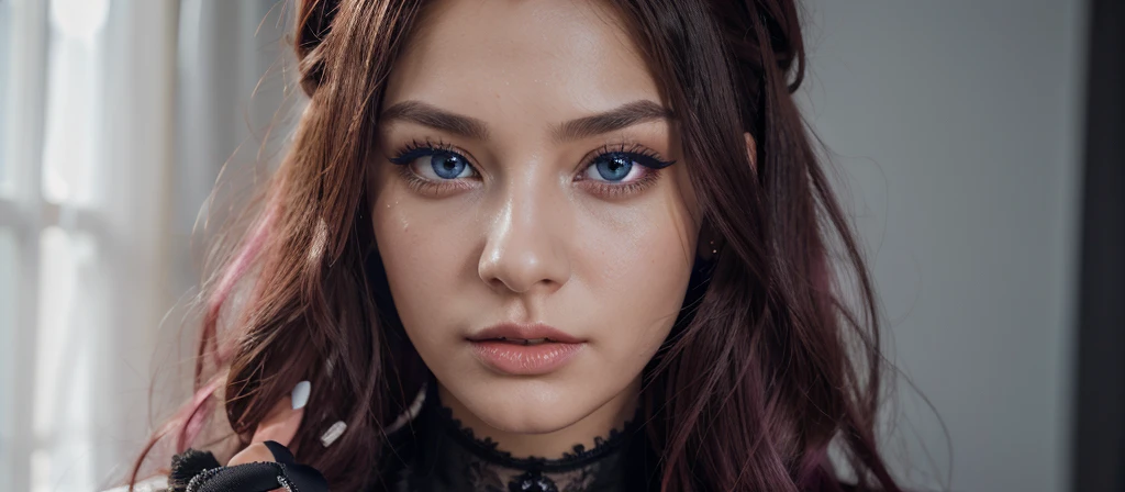 8k, realistic, ultra quality, beatiful girl, Stern anime girl, no background, (Highest Quality, Amazing Details:1.25), cinematic lighting, unique, whole body in picture, black gloves, high-quality, very long hair, hair intakes, makeup, lipstick, eyelashes, ultra detailed eyes, ultra detailed face, ultra detailed lips, ultra detailed lipstick, ultra detailed makeup, 18 years girl, blue eyes, pink hair, masterpiece, 8k, holding a blank paper