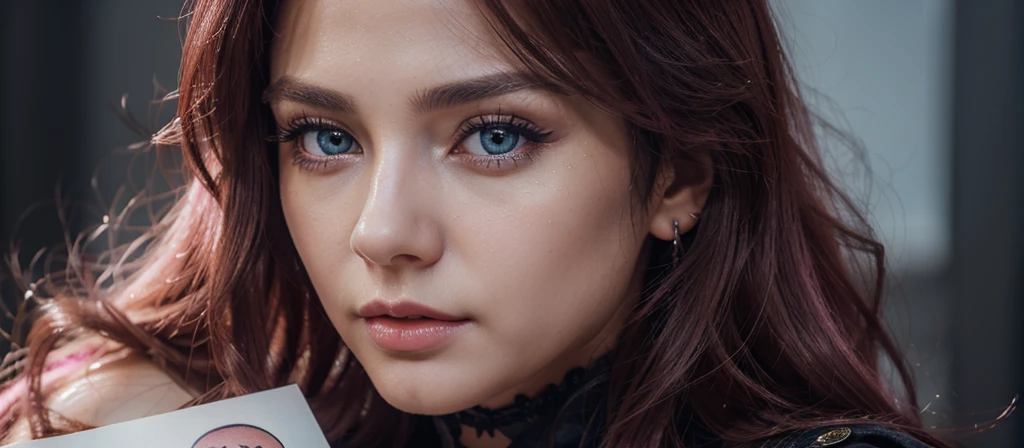8k, realistic, ultra quality, beatiful girl, Stern anime girl, no background, (Highest Quality, Amazing Details:1.25), cinematic lighting, unique, whole body in picture, black gloves, high-quality, very long hair, hair intakes, makeup, lipstick, eyelashes, ultra detailed eyes, ultra detailed face, ultra detailed lips, ultra detailed lipstick, ultra detailed makeup, 18 years girl, blue eyes, pink hair, masterpiece, 8k, holding a blank paper