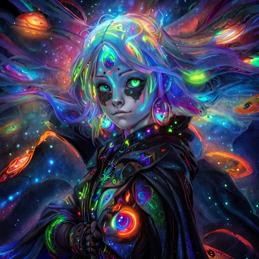 (A alien  dressed as a star, starburst illustration to a fantasy world, 5 year old , white hair, black multicolored hair, Celestial mystical Gaze, Profound Depth in pitch-black Eyes, Child's Face Dominating Frame, haunting pale white Complexion, Perfect Exposure, best quality, 4k, 8k, highres, masterpiece, ultra-detailed, zoga, green skin, robotic glows eyeball, black cape, black opal alien, psychedelic, cute illuminated, starry surreal, big-eyed, galactic, 3-dimensional animated, rendered)