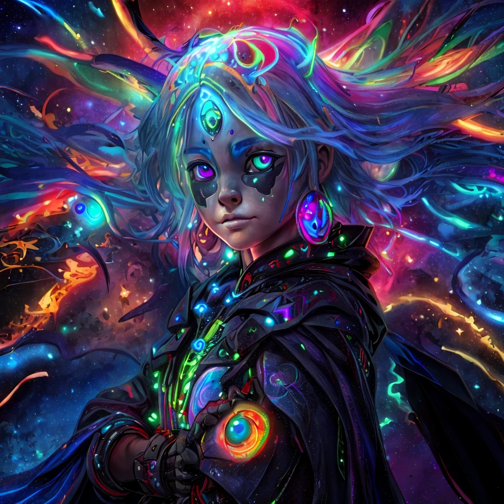 (A alien  dressed as a star, starburst illustration to a fantasy world, 5 year old , white hair, black multicolored hair, Celestial mystical Gaze, Profound Depth in pitch-black Eyes, Child's Face Dominating Frame, haunting pale white Complexion, Perfect Exposure, best quality, 4k, 8k, highres, masterpiece, ultra-detailed, zoga, green skin, robotic glows eyeball, black cape, black opal alien, psychedelic, cute illuminated, starry surreal, big-eyed, galactic, 3-dimensional animated, rendered)