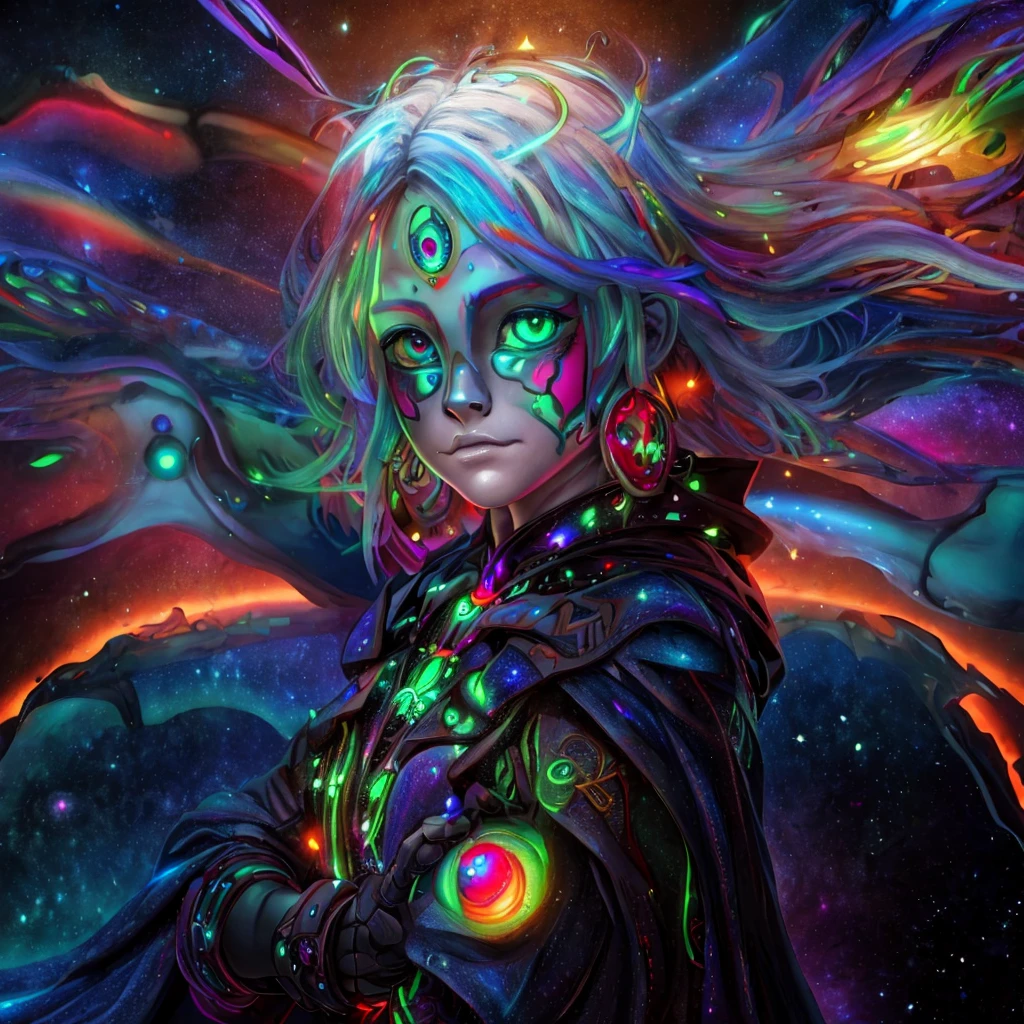 (A alien  dressed as a star, starburst illustration to a fantasy world, 5  , white hair, black multicolored hair, Celestial mystical Gaze, Profound Depth in pitch-black Eyes, Child's Face Dominating Frame, haunting pale white Complexion, Perfect Exposure, best quality, 4k, 8k, highres, masterpiece, ultra-detailed, zoga, green skin, robotic glows eyeball, black cape, black opal alien, psychedelic, cute illuminated, starry surreal, big-eyed, galactic, 3-dimensional animated, rendered)