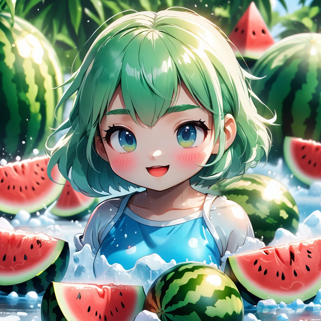 Manga style, ice cube, watermelon, Special Features, Popular market style styles and models blind boxes, Sunshine shining, Octane Rendering and Blender, super high quality, distinct features, Ultra HD and 8K resolution,Fresh hand drawn illustrations，Furry