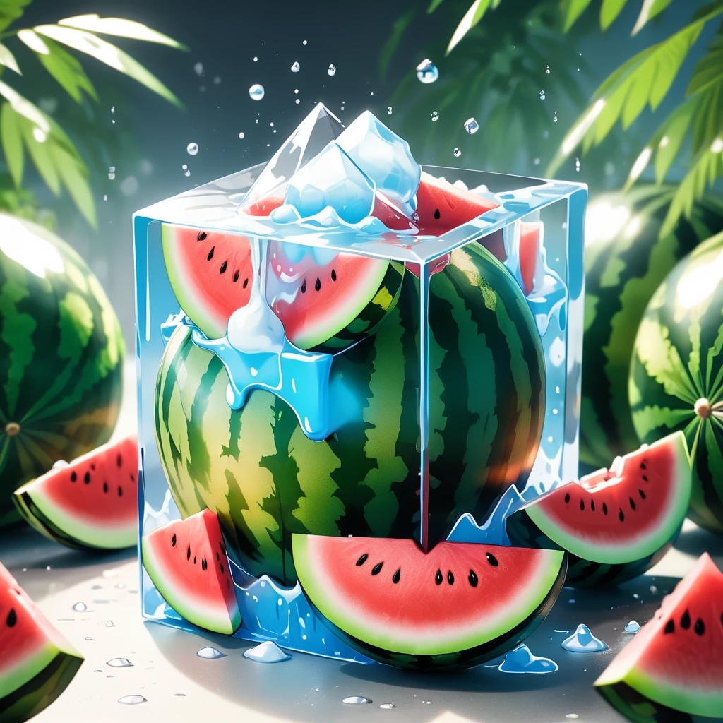 Manga style, ice cube, watermelon, Special Features, Popular market style styles and models blind boxes, Sunshine shining, Octane Rendering and Blender, super high quality, distinct features, Ultra HD and 8K resolution,Fresh hand drawn illustrations,Furry