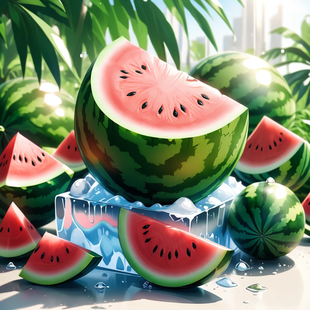 Manga style, ice cube, watermelon, Special Features, Popular market style styles and models blind boxes, Sunshine shining, Octane Rendering and Blender, super high quality, distinct features, Ultra HD and 8K resolution,Fresh hand drawn illustrations，Furry