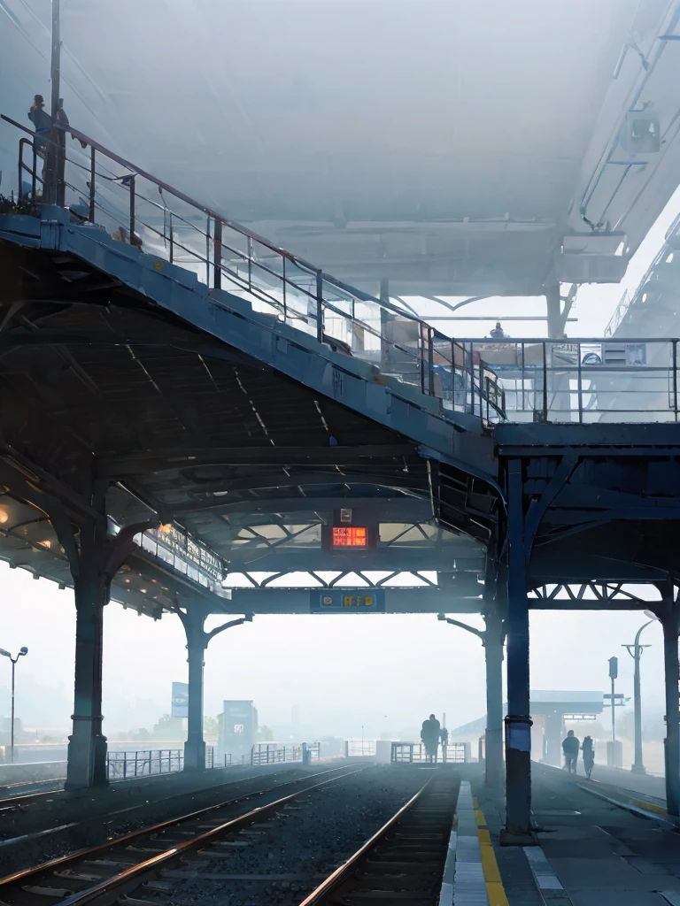 Train station with dense fog on the platform