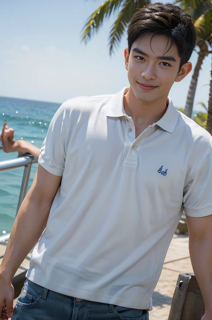 (Masterpiece: 1.2),(CGI art:1.3),(realistic:1.5),(post processing:1.3), (sharp focus:1.3), Asia, 1 male, smile, (White Polo Shirt), (jeans), Korean guy , korean men, (High gloss details), chest muscles, Big arm muscles, blood vessel, big muscles, shoulder, looking at the audience, Balancing the eyes, By the sea, beach, sunlight, Run towards the camera....