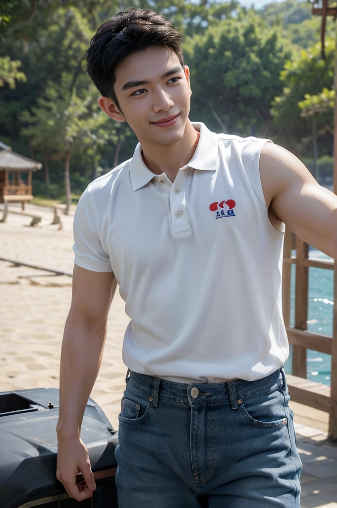 (Masterpiece: 1.2),(CGI art:1.3),(realistic:1.5),(post processing:1.3), (sharp focus:1.3), Asia, 1 male, smile, (White Polo Shirt), (jeans), Korean guy , korean men, (High gloss details), chest muscles, Big arm muscles, blood vessel, big muscles, shoulder, looking at the audience, Balancing the eyes, By the sea, beach, sunlight, Run towards the camera....