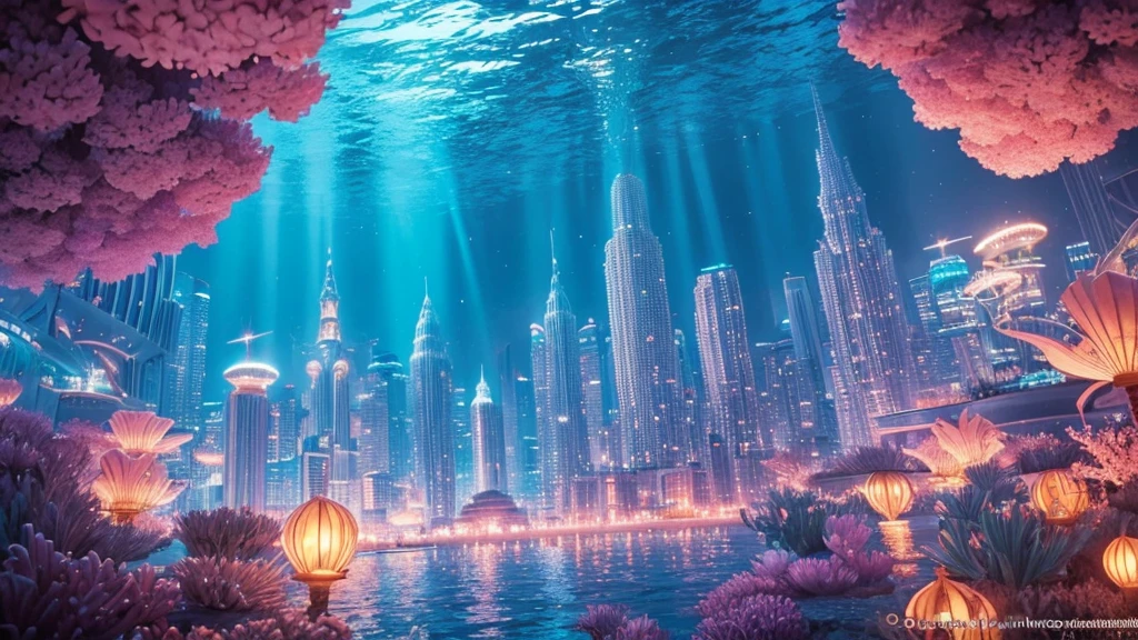 A fantastical and serene deep-sea city. Viewed from the ocean floor looking up towards the water surface. The city is very large with futuristic buildings, domes, and spires. Completely submerged in clear blue and pink water. The entire city is covered by a large dome-shaped glass structure. The scene has a tranquil and calming atmosphere. Soft glowing lights illuminate the city. The water surface above glitters with sunlight, creating beautiful patterns. The city emits a quiet, artificial light. Surrounded by vibrant marine life and coral formations. The water is deeper, adding to the mysterious and serene feeling. The image is high-resolution, realistic, and in 4K. Capturing the enchanting beauty of the underwater city.