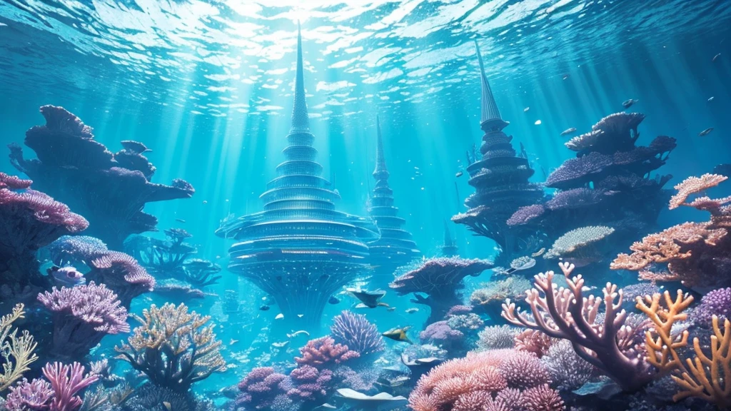 A fantastical and serene deep-sea city. Viewed from the ocean floor looking up towards the water surface. The city is very large with futuristic buildings, domes, and spires. Completely submerged in clear blue and pink water. The entire city is covered by a large dome-shaped glass structure. The scene has a tranquil and calming atmosphere. Soft glowing lights illuminate the city. The water surface above glitters with sunlight, creating beautiful patterns. The city emits a quiet, artificial light. Surrounded by vibrant marine life and coral formations. The water is deeper, adding to the mysterious and serene feeling. The image is high-resolution, realistic, and in 4K. Capturing the enchanting beauty of the underwater city.