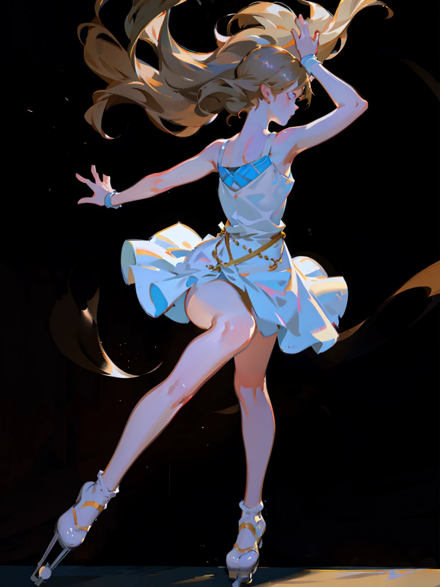 Standing with full body leaning,(Drawing of girl skating,Figure skating girl), (Jürgens simple white dress (Mandy Jurgens) Realistic paintings created, , Figurative Art, A detailed description, Realistically, A work of art,