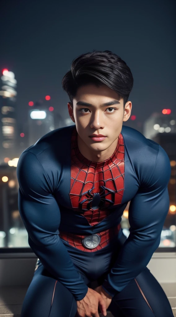 A young Korean boy in a torn Spider-Man costume. with details, The color scheme is navy blue and navy blue. :: Highly detailed, แมงมุมที่มีHighly detailed, ดวงตาที่มีHighly detailed, นิ้วที่มีHighly detailed, Take the whole body, Quiv haircut, dynamic poses, Look at the camera, Detailed parts of the face, Manly, nighttime, city scenery, city lights, Detailed city roof background, Monk sex, perfect anatomy, Symmetrical body, Asia, 19 years old, realistic, human skin, short hairstyle, handsome chad chin, handsome, sit, open legs, charming, Be a man, sexually, close your eyes, open your mouth, human skin, (Make eye contact), charming, Big hip pants, very good, depth of field, perfect composition, in the middle ,(Torn:1.5)