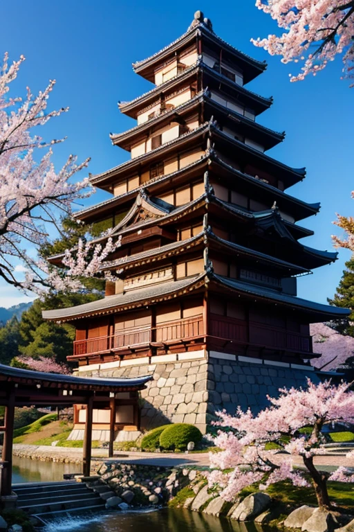 ancient japanese castle, cherry tree ,uhd ,4K8K, Realistic picture, Highly detailed