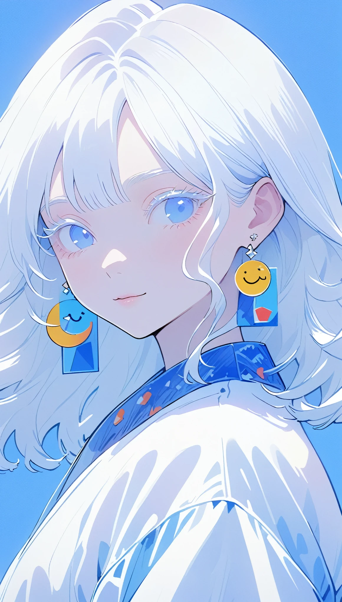 The Minimalists，Fashion Girl，White hair，Blue Background，Wearing special earrings，Bohemian style，Clear eyelashes，Bright blue eyes，Clean通透的眼珠，closure，Smiley face flat illustration，geometry，Clean，Japanese Manga
