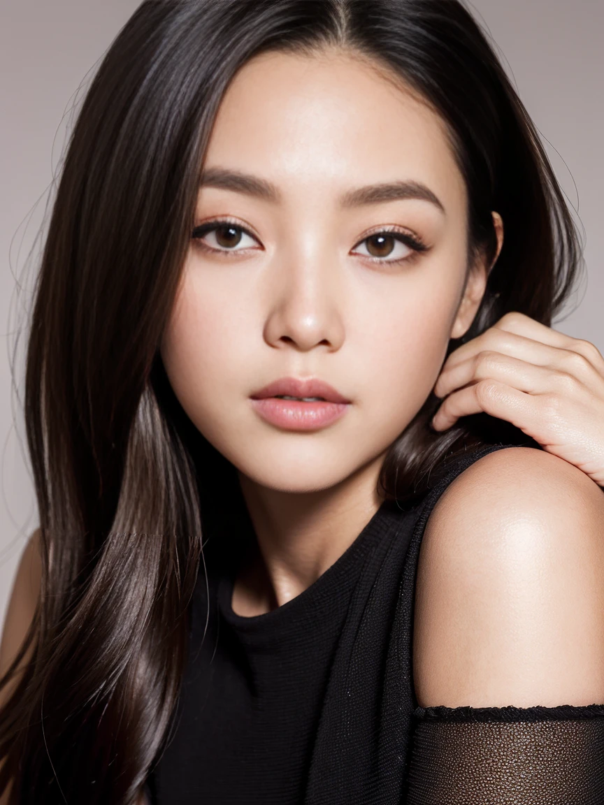 black hair、Light brown eyes ultra high resolution、(Fine tune)、(Detailed facial features)、Beauty、8k resolution、model、Refreshing solid color background、Soft Light、Half-length to waist photos