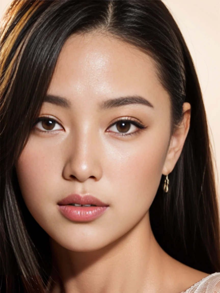 black hair、Light brown eyes ultra high resolution、(Fine tune)、(Detailed facial features)、Beauty、8k resolution、model、Refreshing solid color background、Soft Light、Half-length to waist photos