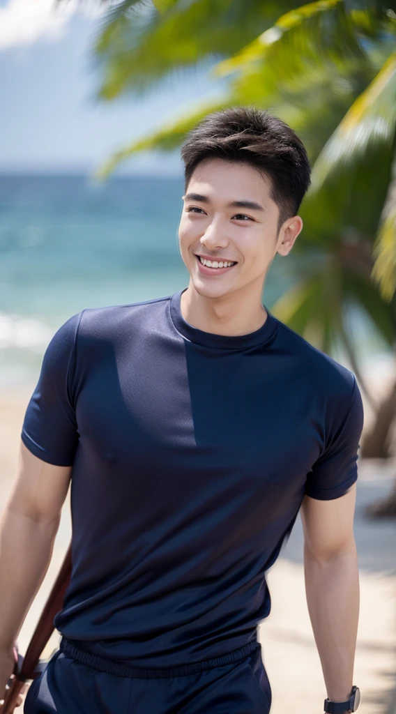 (Create a masterpiece: 1.2),(CGI art:1.3),(realistic:1.5),(After processing:1.3), (Sharp focus:1.3), 1 man, open mouth, smile, (Navy blue round neck shirt), Navy cargo pants, Korean guy , korean men, (High gloss details), looking at the audience, Balancing the eyes, Seaside, beach, sunlight, running towards the camera