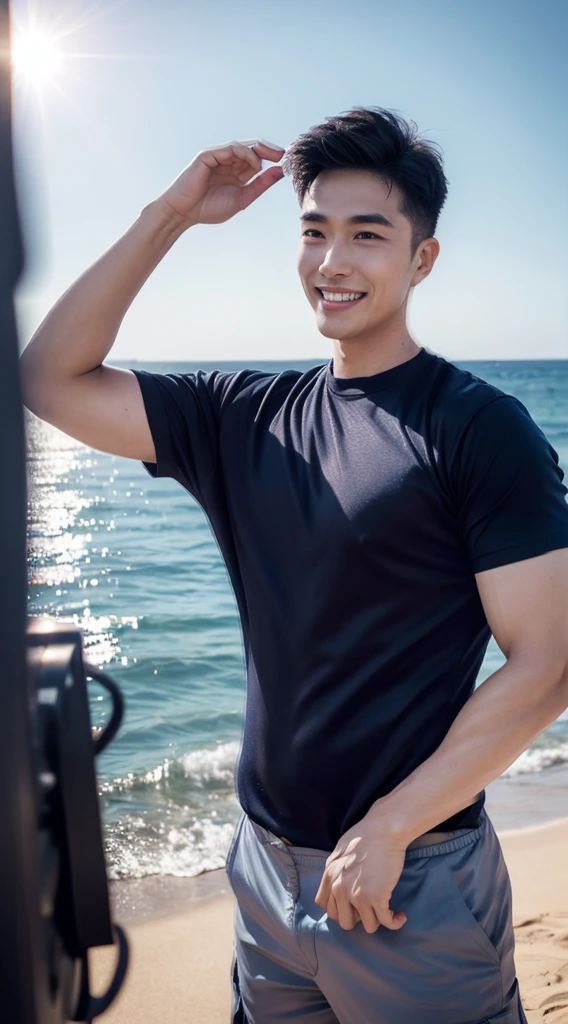 (Create a masterpiece: 1.2),(CGI art:1.3),(realistic:1.5),(After processing:1.3), (Sharp focus:1.3), 1 man, open mouth, smile, (Navy blue round neck shirt), Navy cargo pants, Korean guy , korean men, (High gloss details), looking at the audience, Balancing the eyes, Seaside, beach, sunlight, running towards the camera