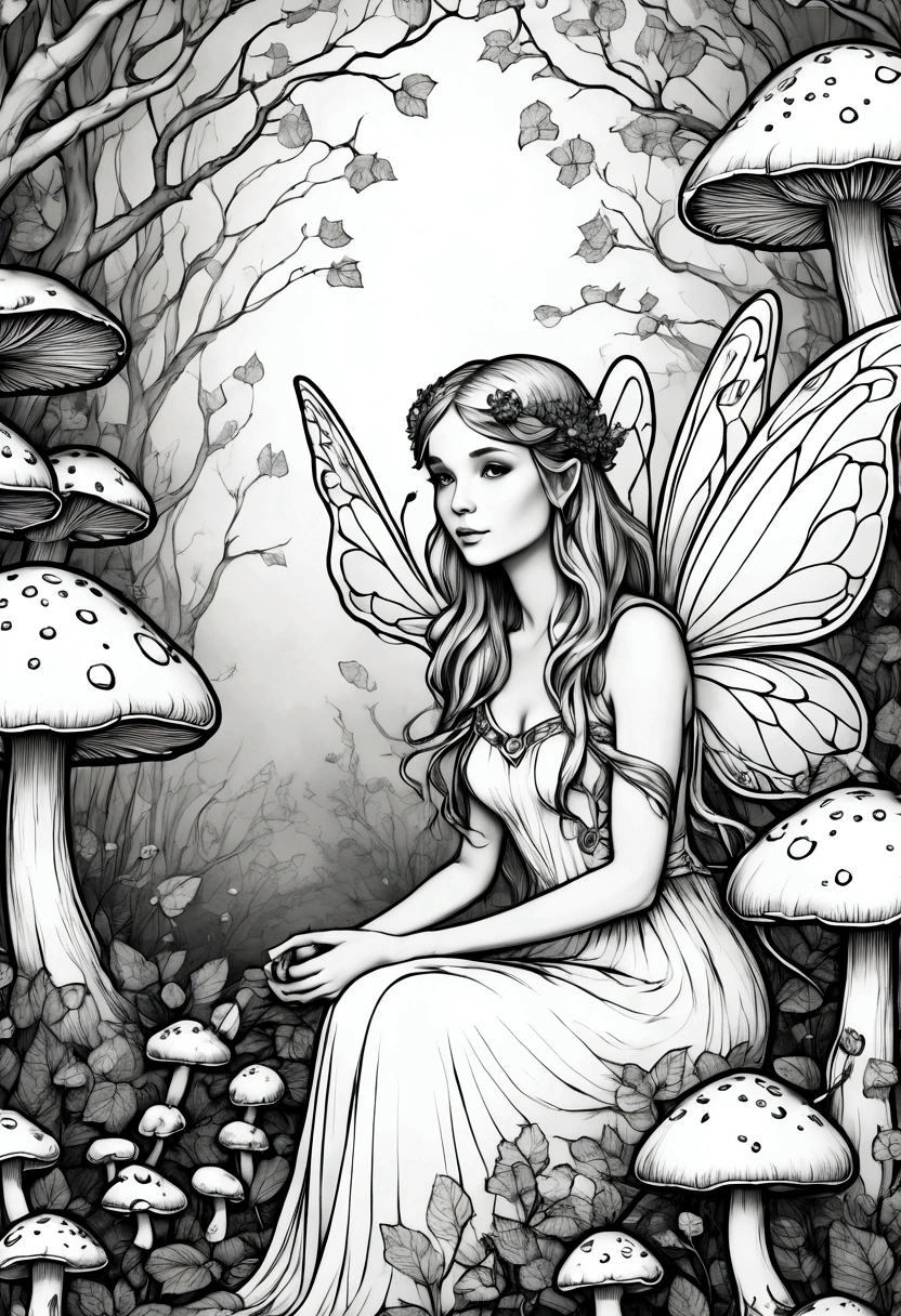 A fairy surrounded by glowing mushrooms in an enchanted forest, clean line art, white background, colouring page, clean outline, without shadow