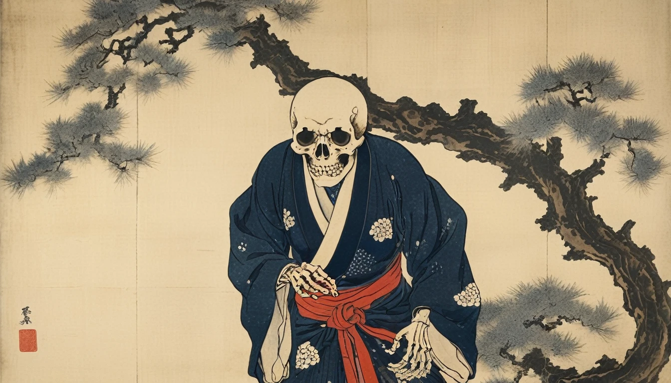 (((Katsushika Hokusai))), ((Skeleton in Kimono)), Red ribbon on head, Horror elements