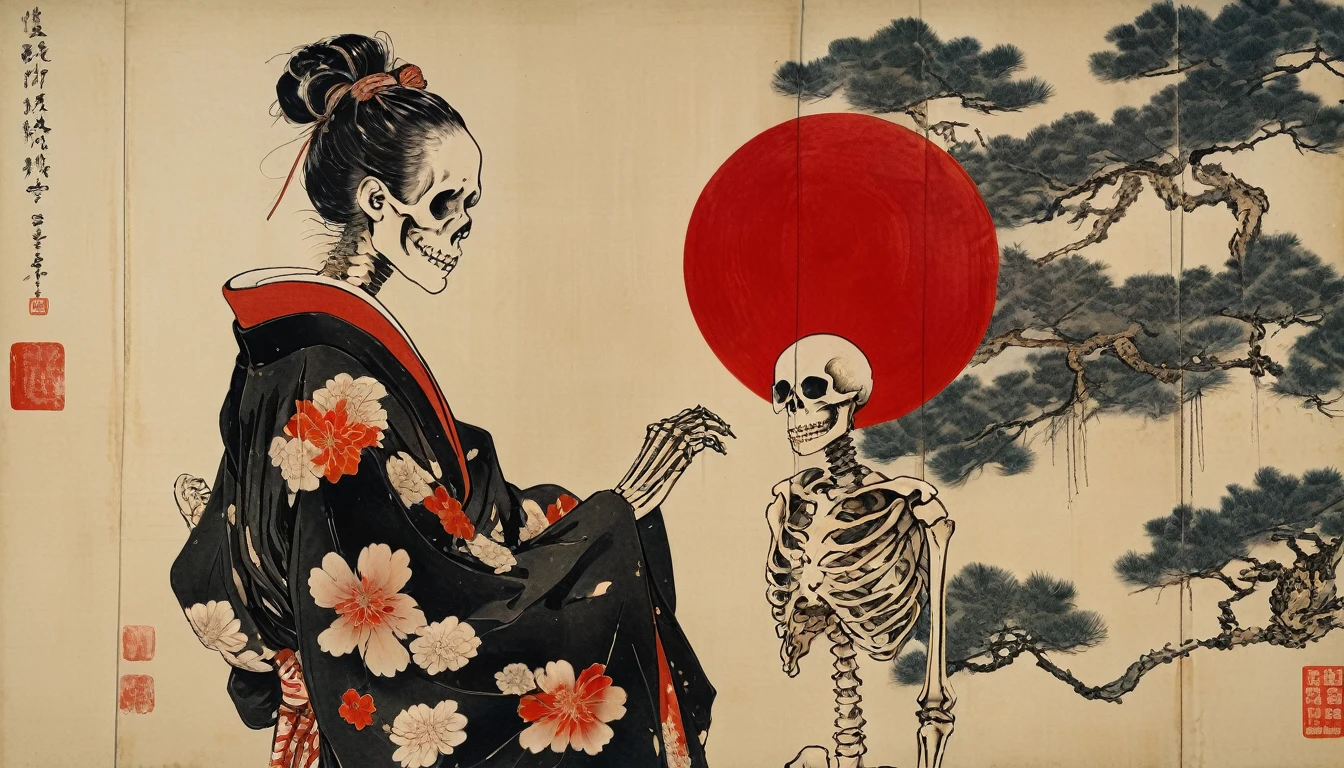 (((Katsushika Hokusai))), ((Skeleton in Kimono)), Red ribbon on head, Horror elements