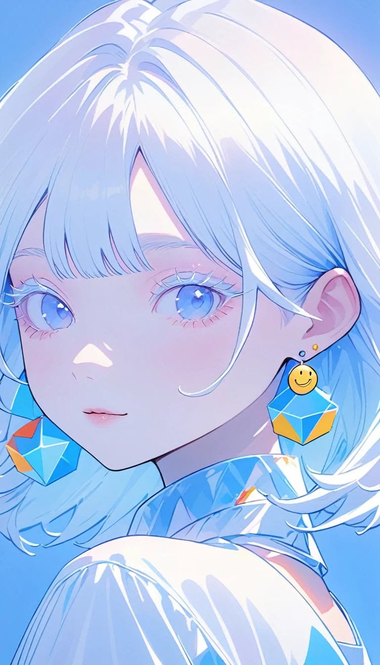 The Minimalists，Fashion Girl，Blue Background，Wearing special earrings，Clear eyelashes，Bright blue eyes，Clean通透的眼珠，closure，Smiley face flat illustration，geometry，Clean